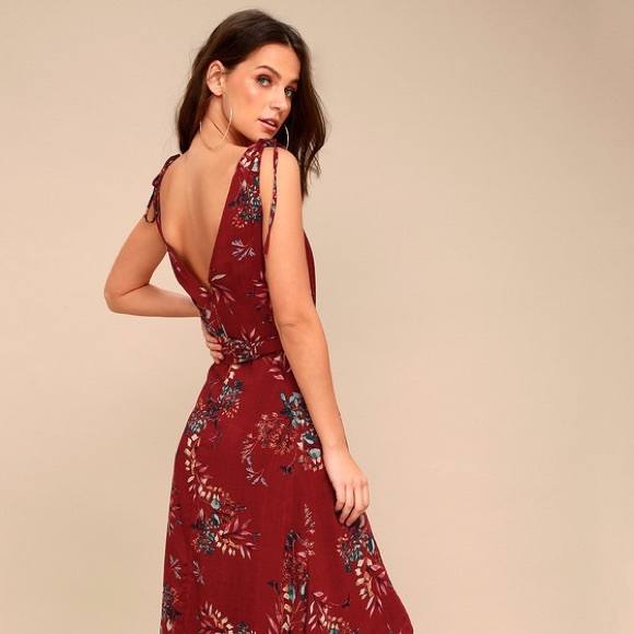 COPY - Lulu’s Amal Burgundy Floral Print Wrap Max… - Picture 2 of 2